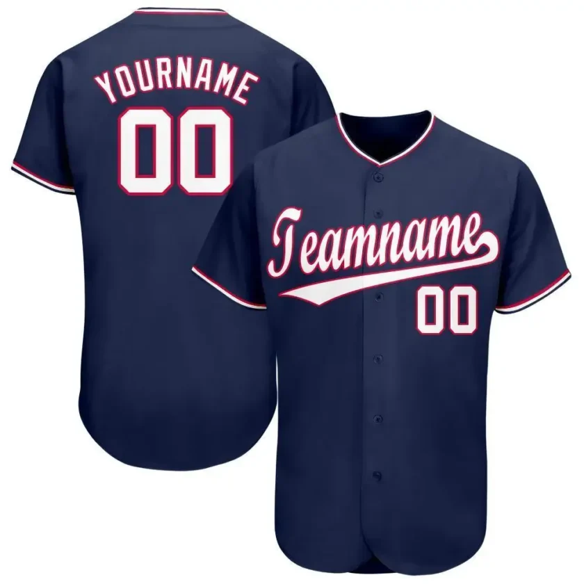 Custom Navy Baseball Jersey with White Red 6