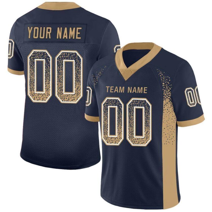 Custom Navy Mesh Drift Fashion Football Jersey with Old Gold