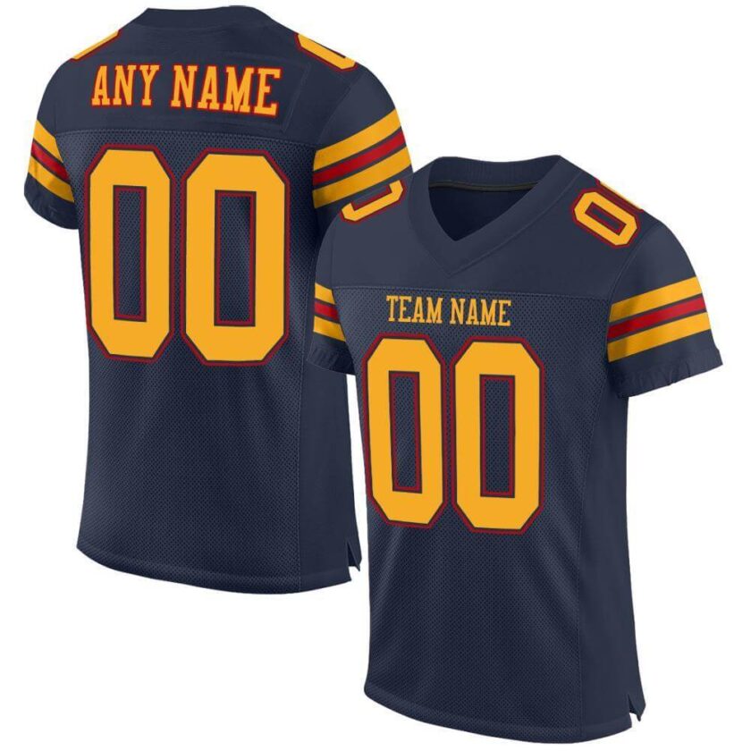 Custom Navy Mesh Football Jersey with Gold Red