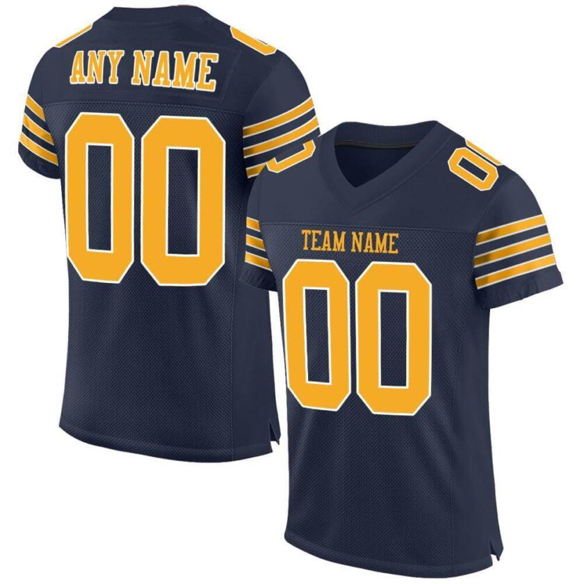Custom Navy Mesh Football Jersey with Gold White 1