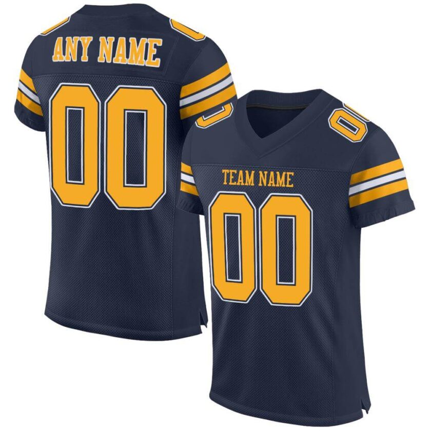 Custom Navy Mesh Football Jersey with Gold White
