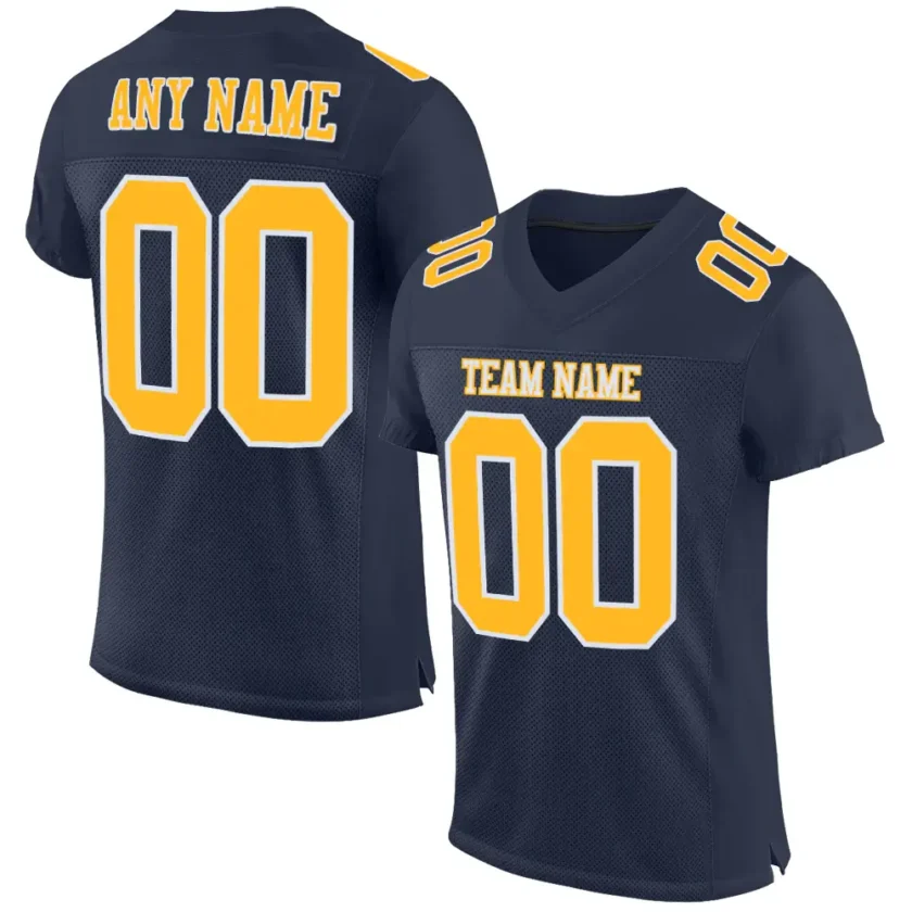 Custom Navy Mesh Football Jersey with Gold White