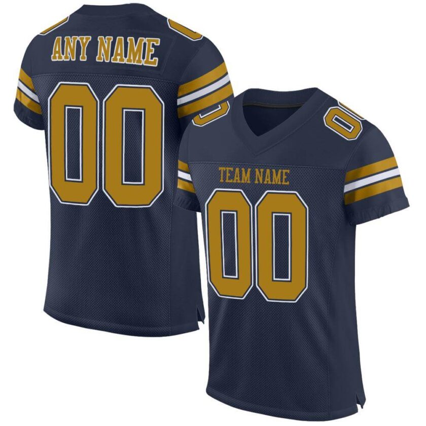 Custom Navy Mesh Football Jersey with Old Gold White