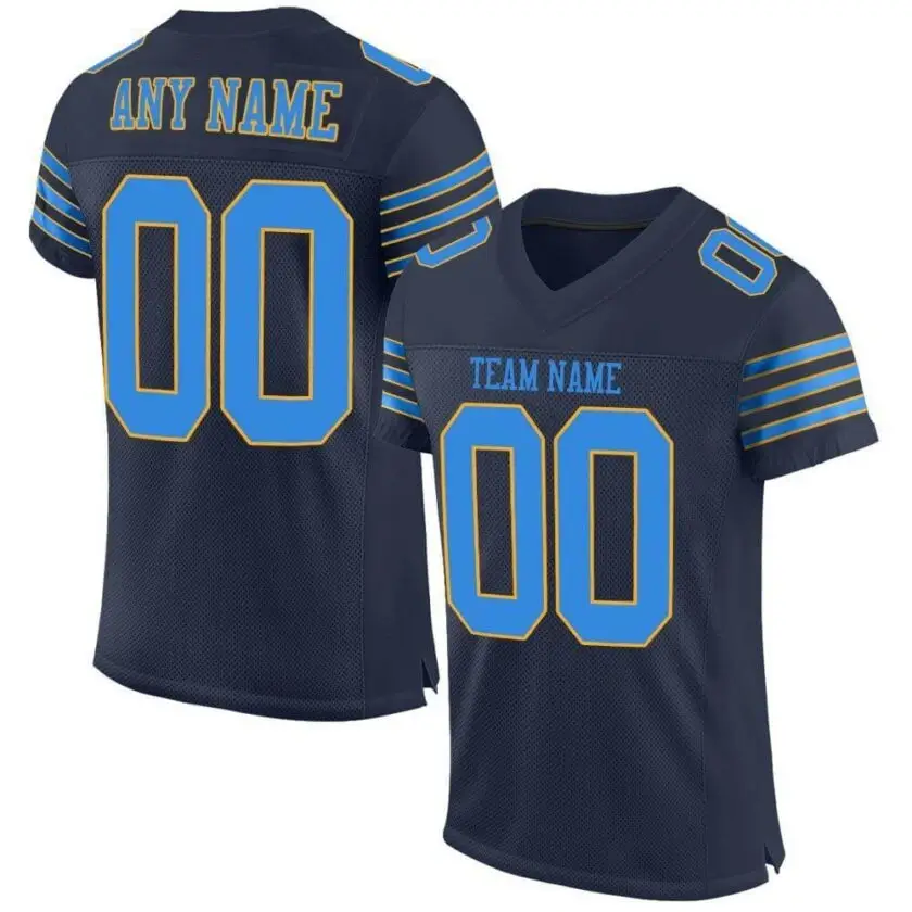 Custom Navy Mesh Football Jersey with Powder Blue-Gold
