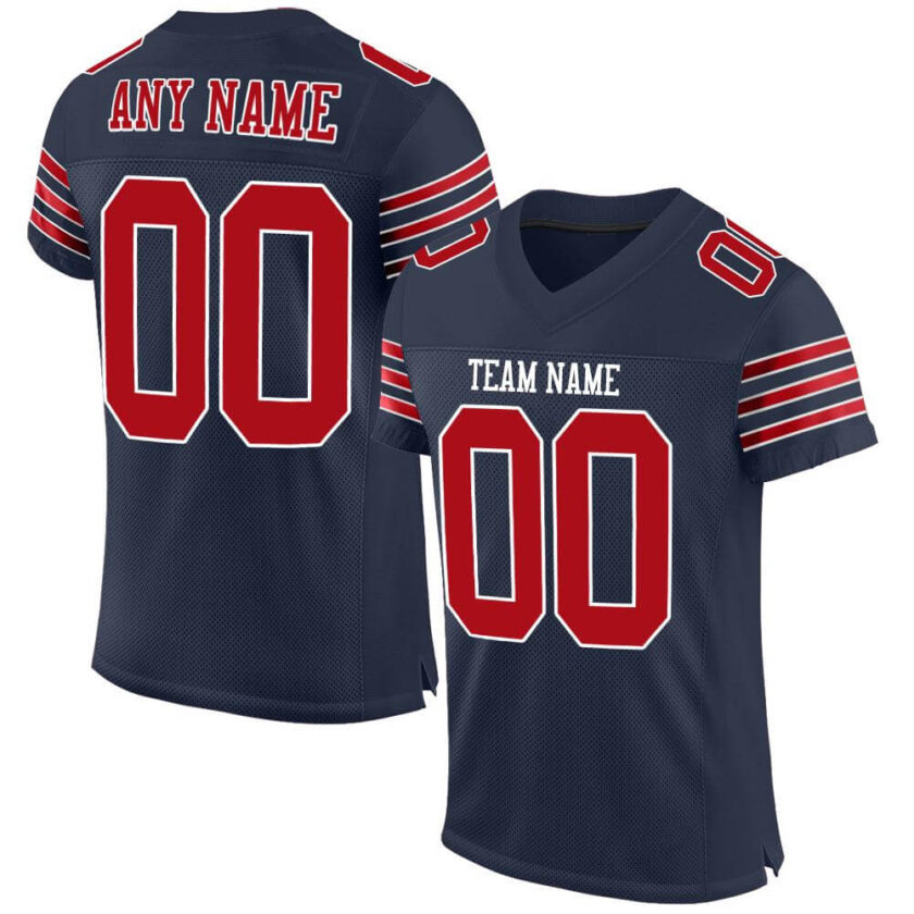Custom Navy Mesh Football Jersey with Red 3 Stripes