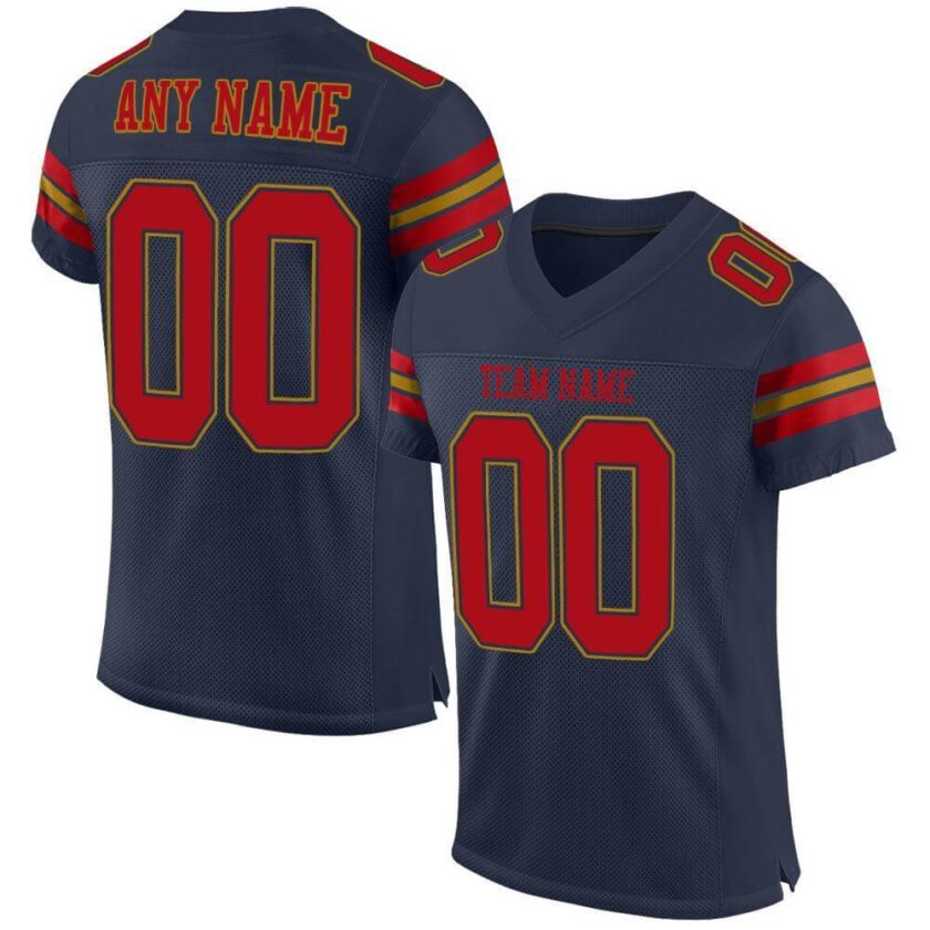 Custom Navy Mesh Football Jersey with Red Old Gold 3 Stripes