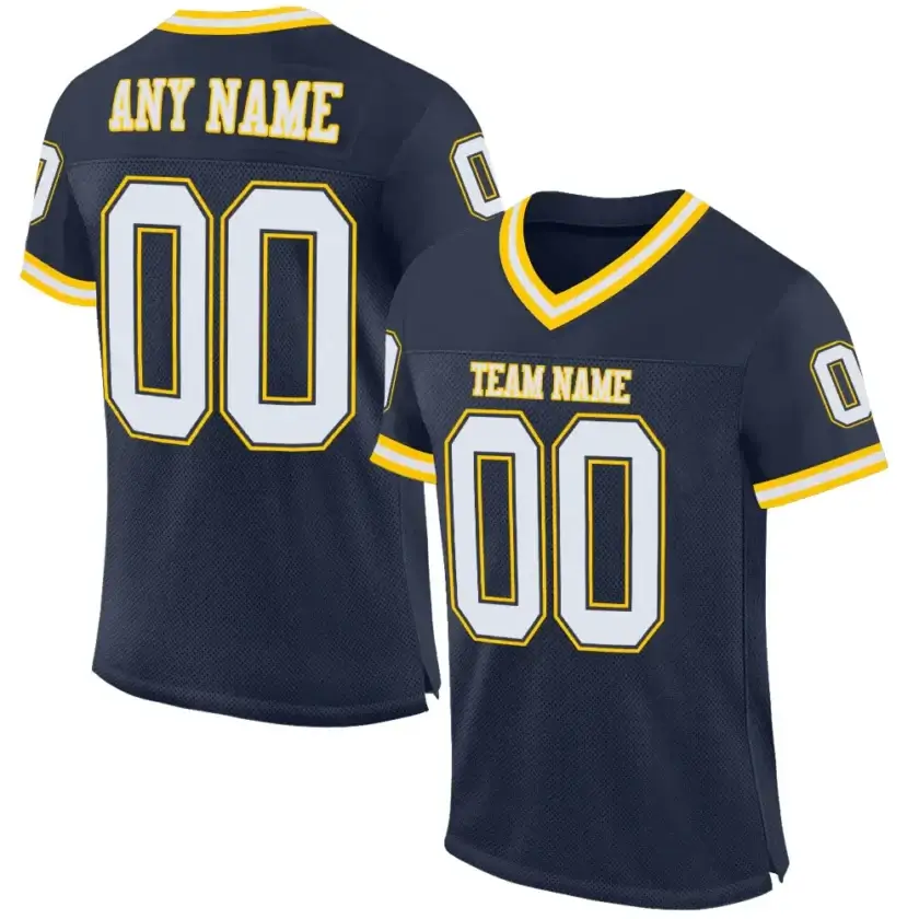 Custom Navy Mesh Football Jersey with White-Gold