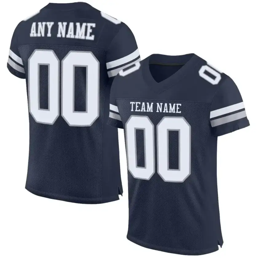 Custom Navy Mesh Football Jersey with White-Light Gray Double Stripe