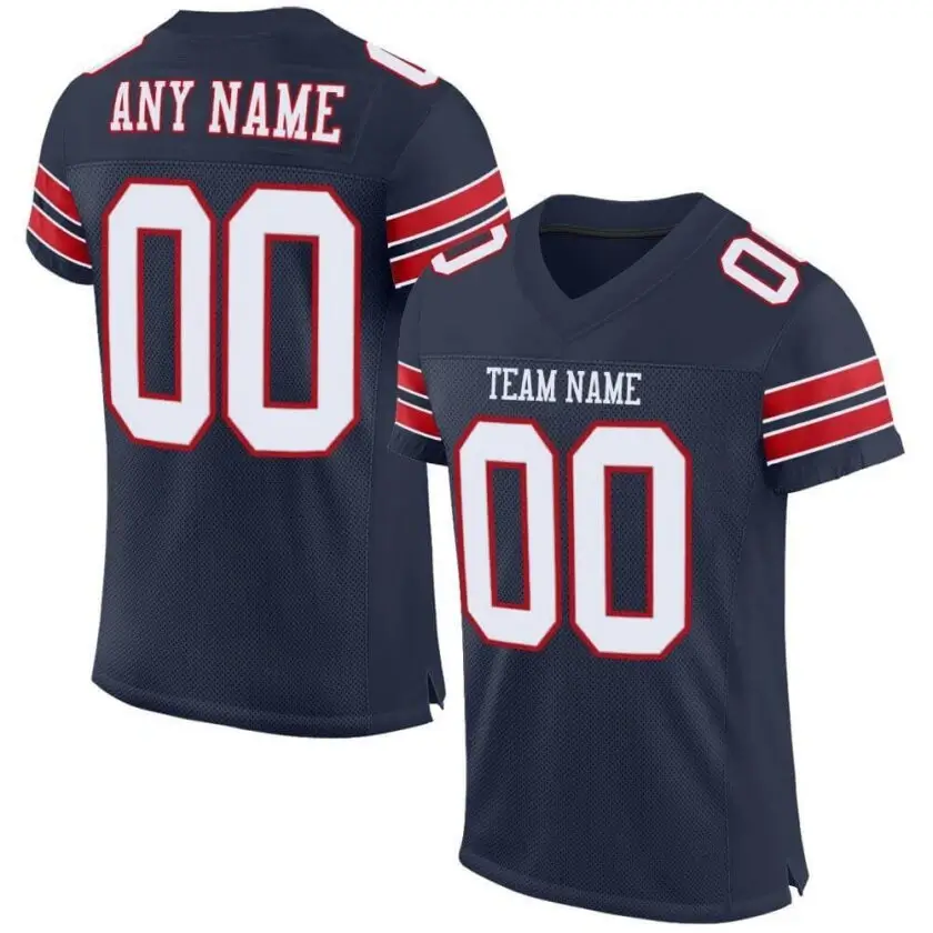 Custom Navy Mesh Football Jersey with White-Red Double Stripe