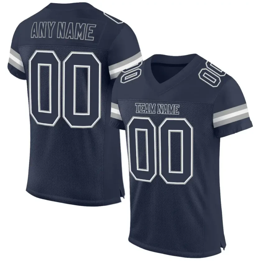Custom Navy Mesh Football Jersey with White Silver