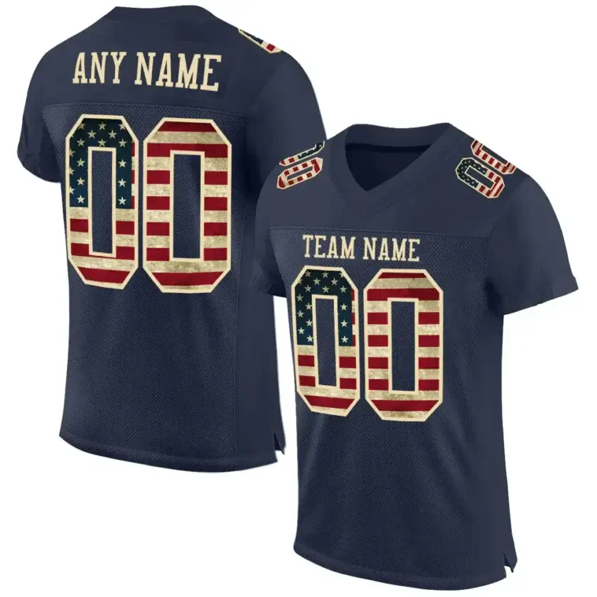 Custom Navy Mesh USA Flag Football Jersey with Cream