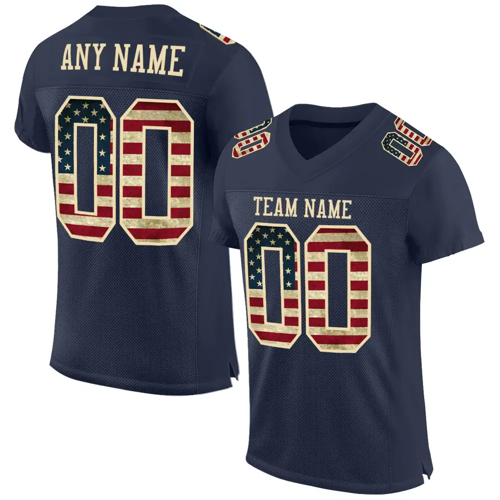 Custom Navy Mesh USA Flag Football Jersey with Cream