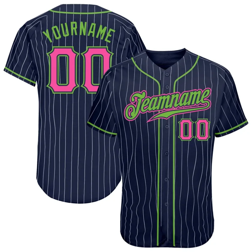 Custom Navy Pinstripe Baseball Jersey with Pink Neon Green