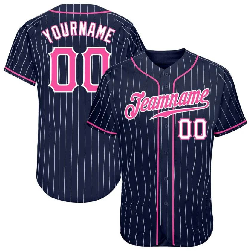 Custom Navy Pinstripe Baseball Jersey with Pink White