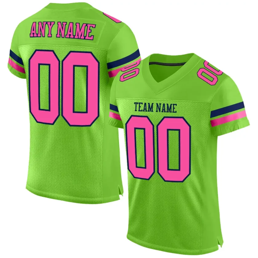 Custom Neon Green Mesh Football Jersey with Pink Navy