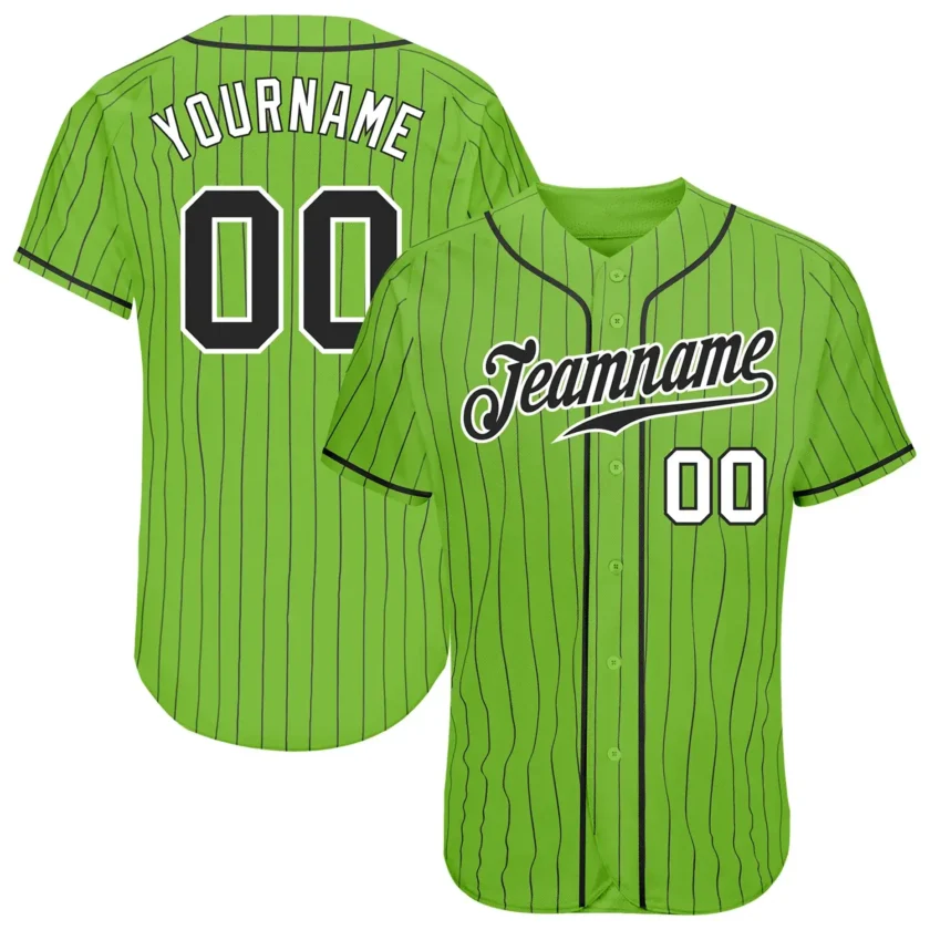 Custom Neon Green Pinstripe Baseball Jersey with Black White