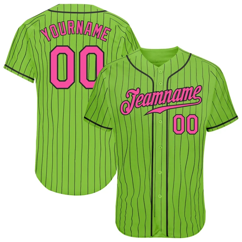 Custom Neon Green Pinstripe Baseball Jersey with Pink Black
