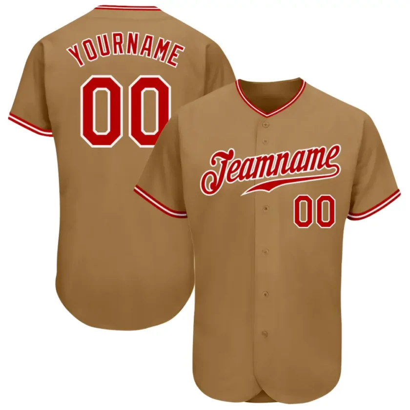 Custom Old Gold Baseball Jersey with Red White