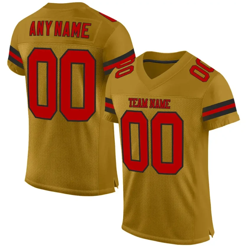 Custom Old Gold Mesh Football Jersey with Red Black 3