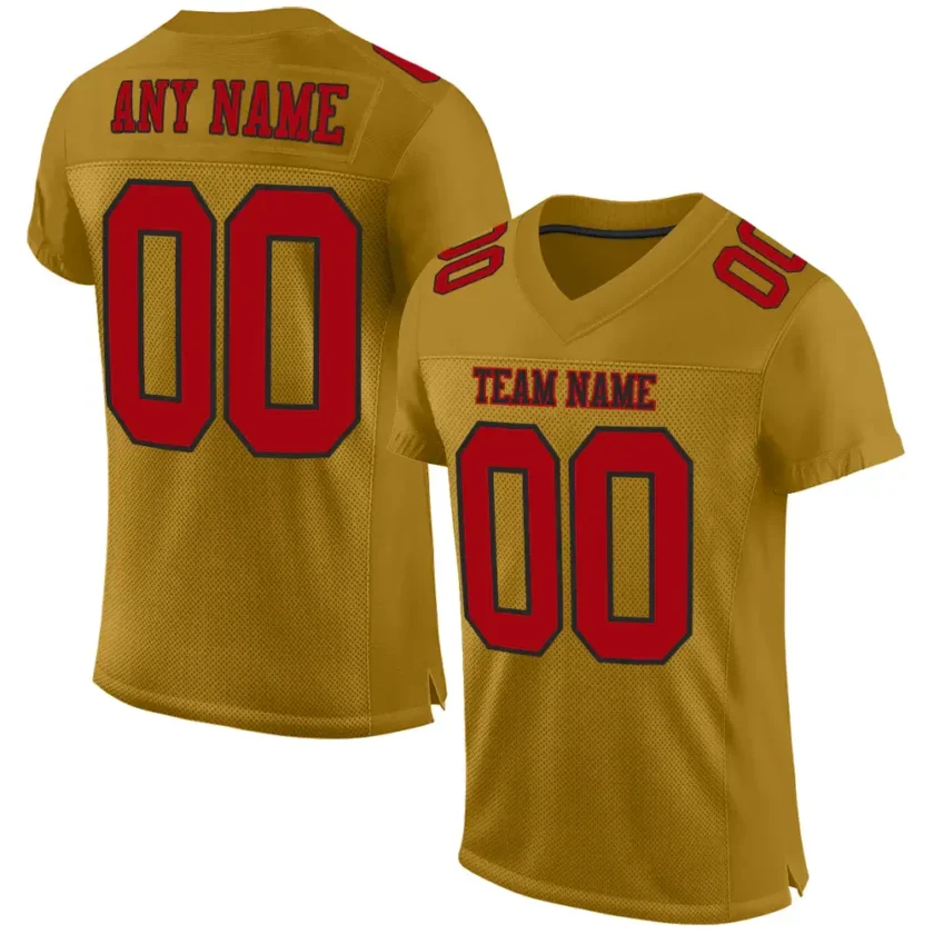 Custom Old Gold Mesh Football Jersey with Red Black