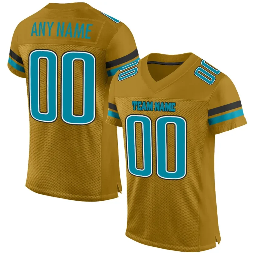 Custom Old Gold Mesh Football Jersey with Teal Black