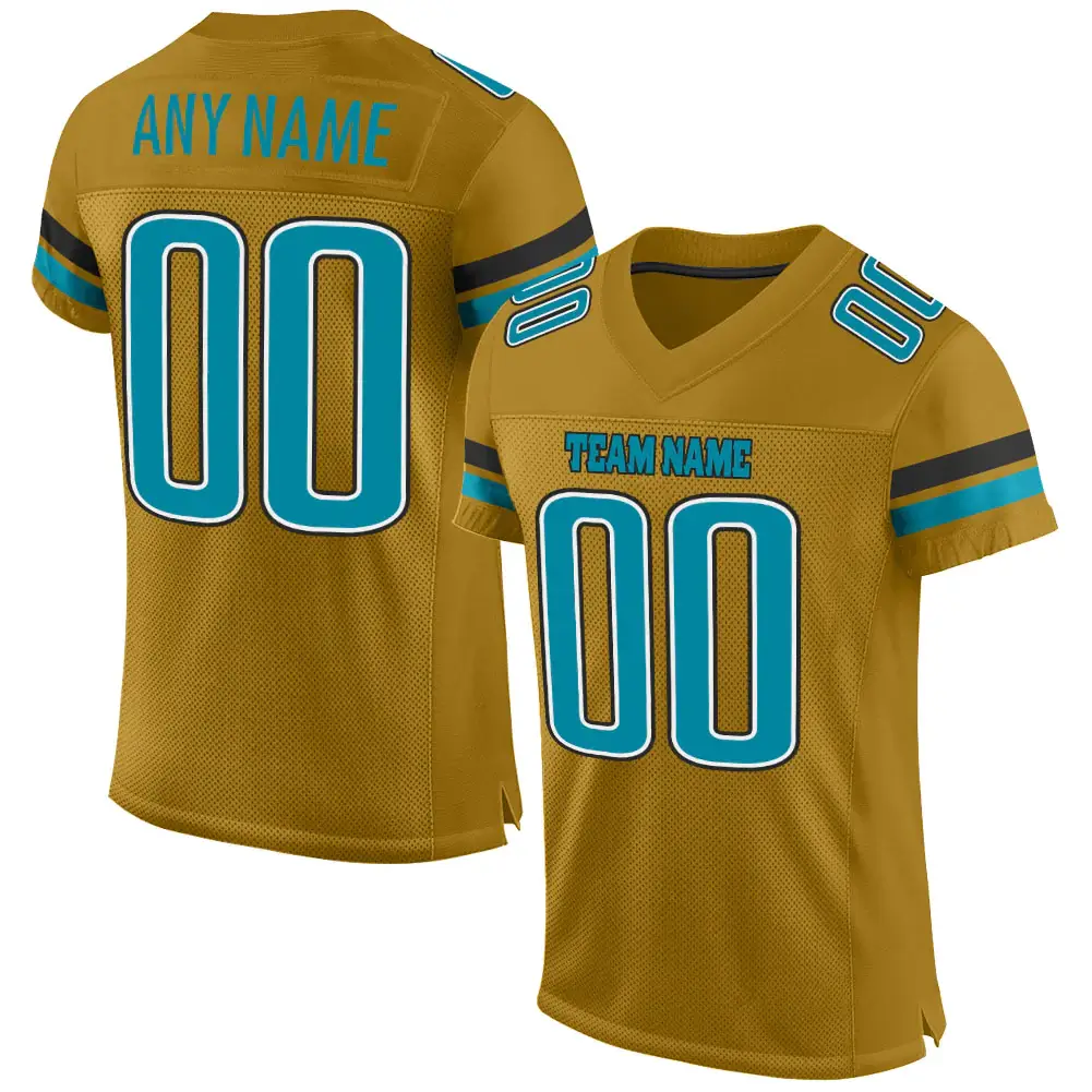 Custom Old Gold Mesh Football Jersey with Teal-Black