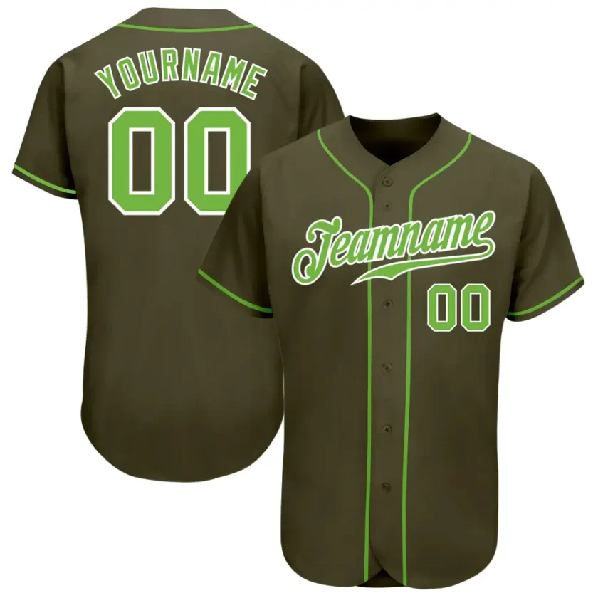 Custom Olive Baseball Jersey with Neon Green White