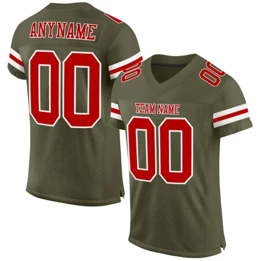 Custom Olive Mesh Football Jersey with Red-White