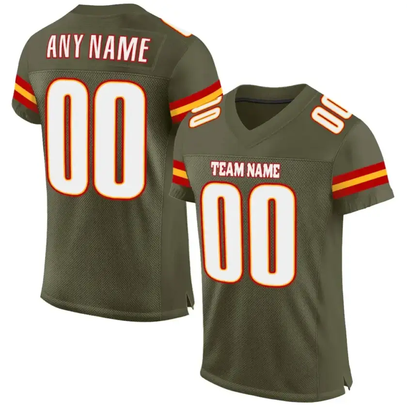 Custom Olive Mesh Football Jersey with White-Gold-Red