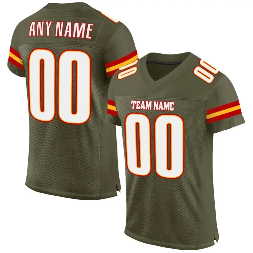Custom Olive Mesh Football Jersey with White Gold Red