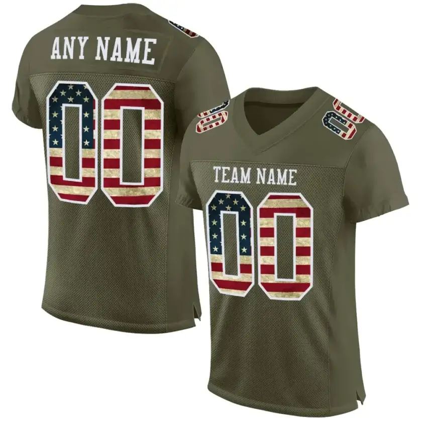 Custom Olive Mesh USA Flag Football Jersey with Camo-Black