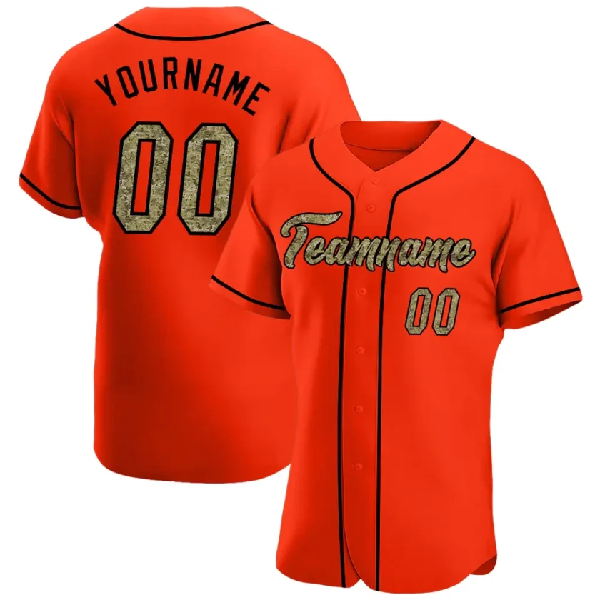 Custom Orange Baseball Jersey with Camo Black
