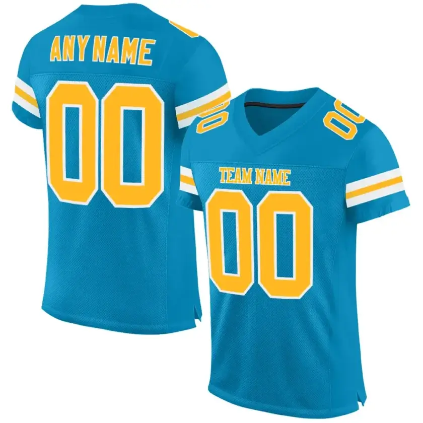 Custom Panther Blue Mesh Football Jersey with Gold-White