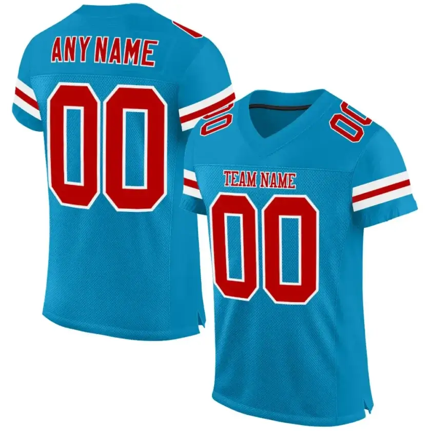 Custom Panther Blue Mesh Football Jersey with Red-White