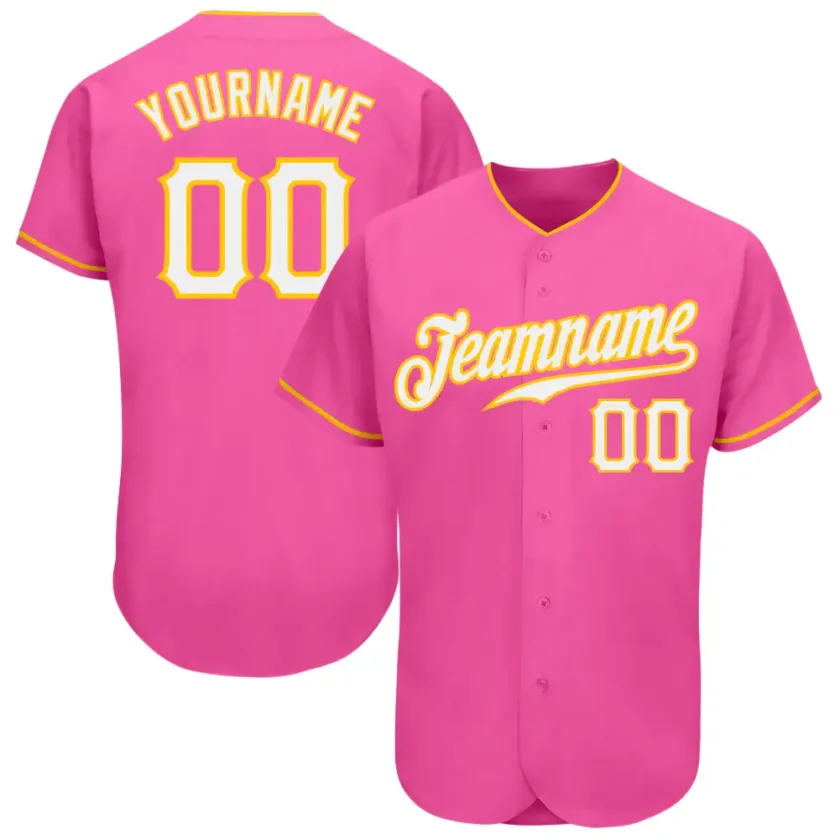 Custom Pink Baseball Jersey with White Gold