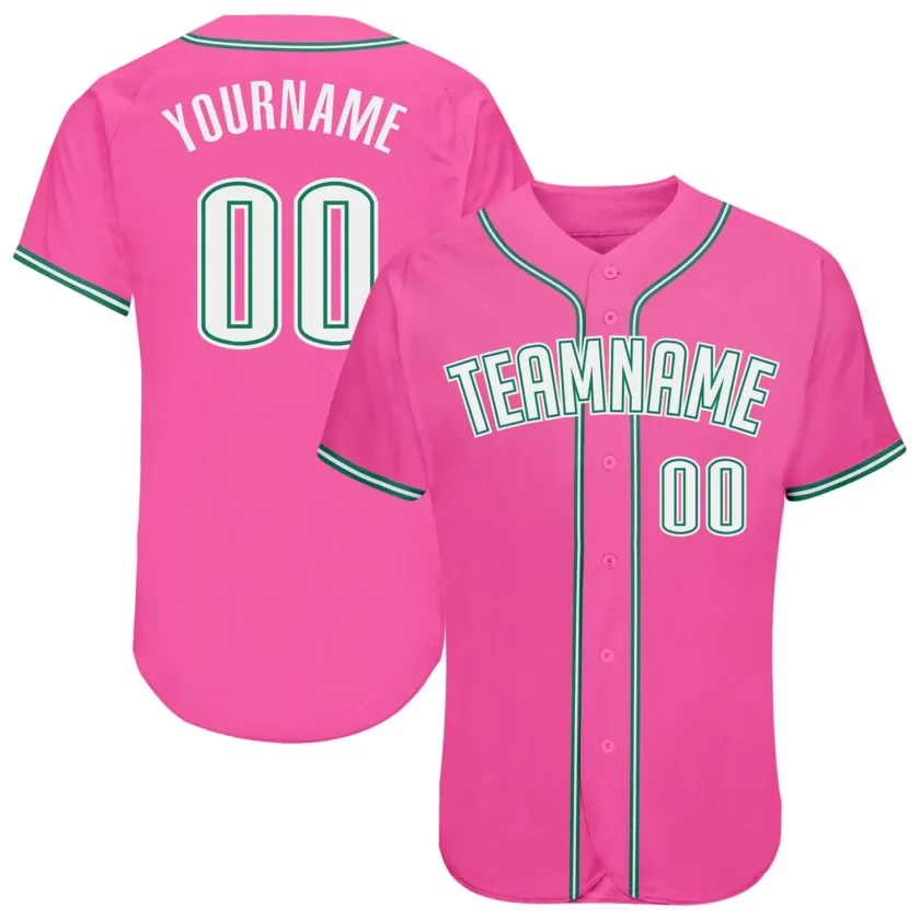 Custom Pink Baseball Jersey with White Kelly Green