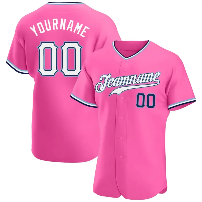 Custom Pink Baseball Jersey with White Navy