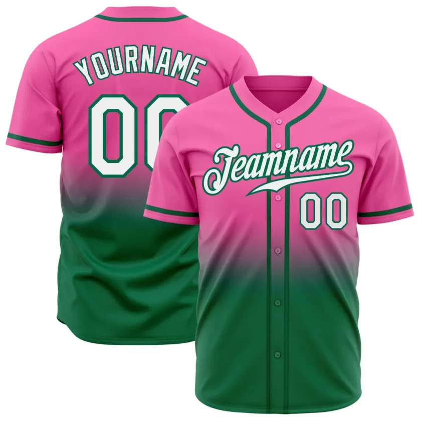 Custom Pink Fade Fashion Baseball Jersey with White Kelly Green