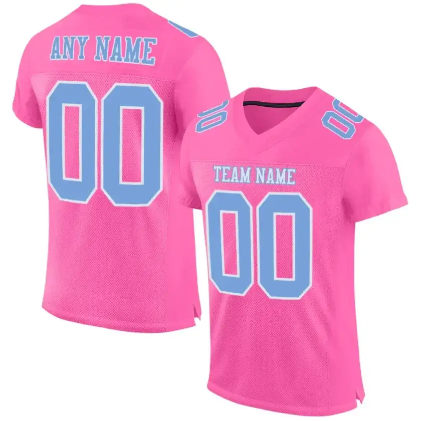 Custom Pink Mesh Football Jersey with Light Blue