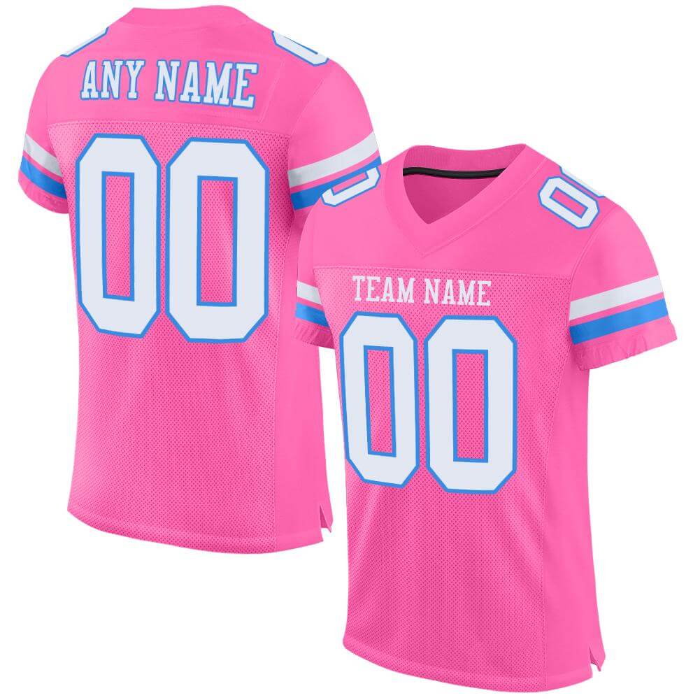 Custom Pink Mesh Football Jersey with White-Powder Blue