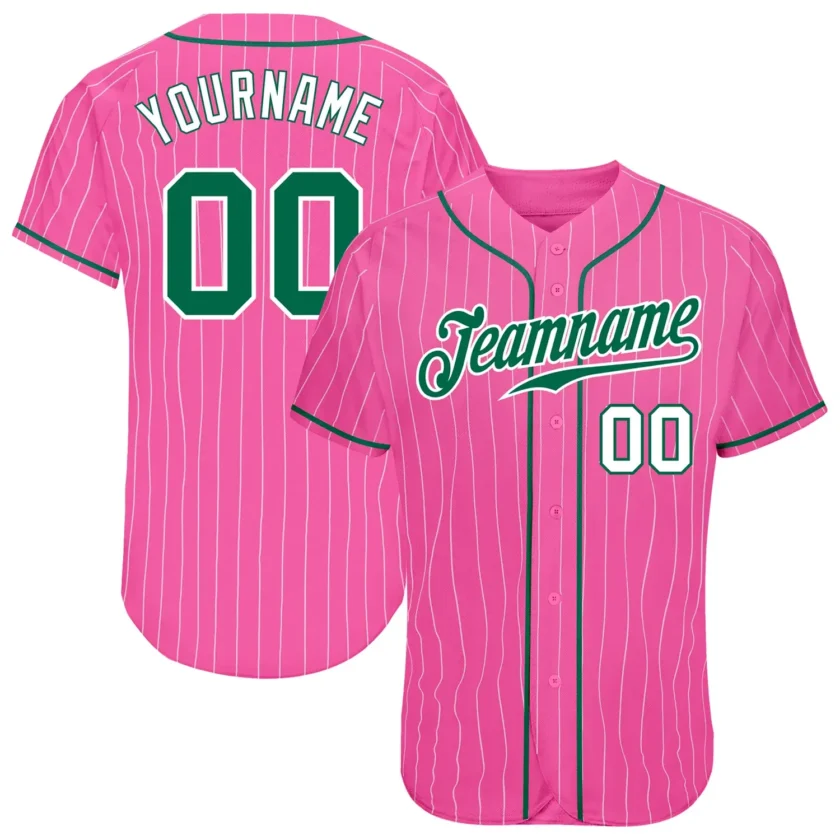 Custom Pink Pinstripe Baseball Jersey with Kelly Green White