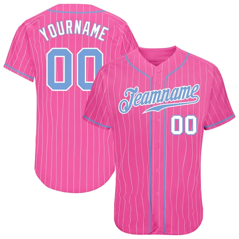 Custom Pink Pinstripe Baseball Jersey with Light Blue White