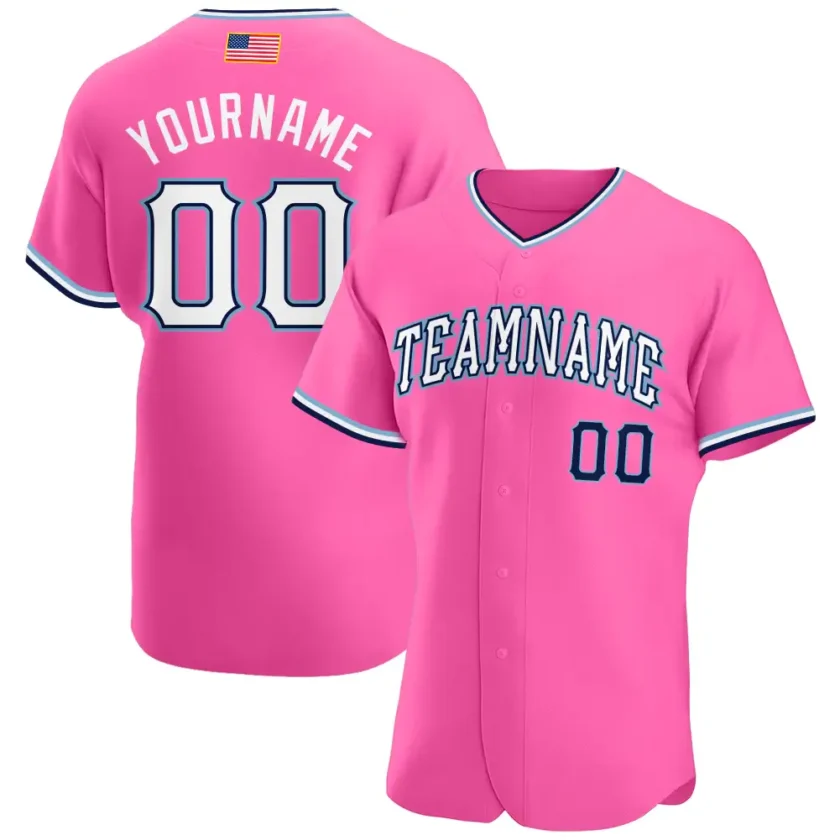 Custom Pink USA Flag Fashion Baseball Jersey with White Light Blue