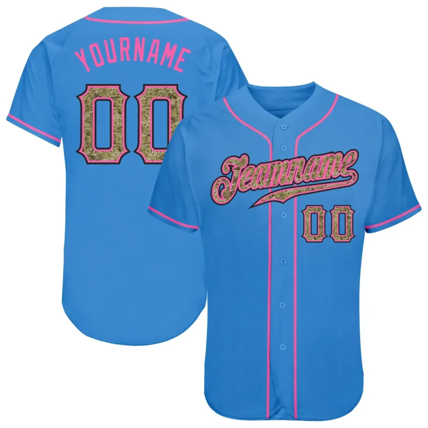Custom Powder Blue Baseball Jersey with Camo Pink
