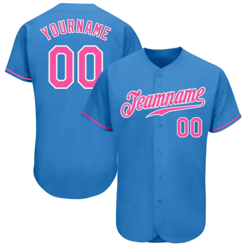 Custom Powder Blue Baseball Jersey with Pink White