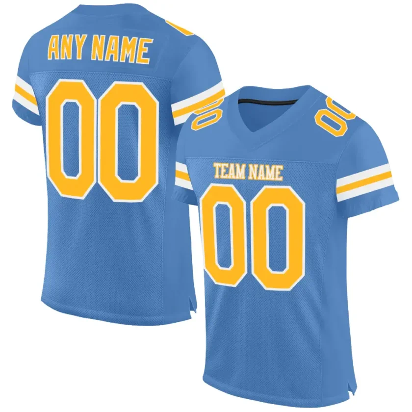 Custom Powder Blue Mesh Football Jersey with Gold White