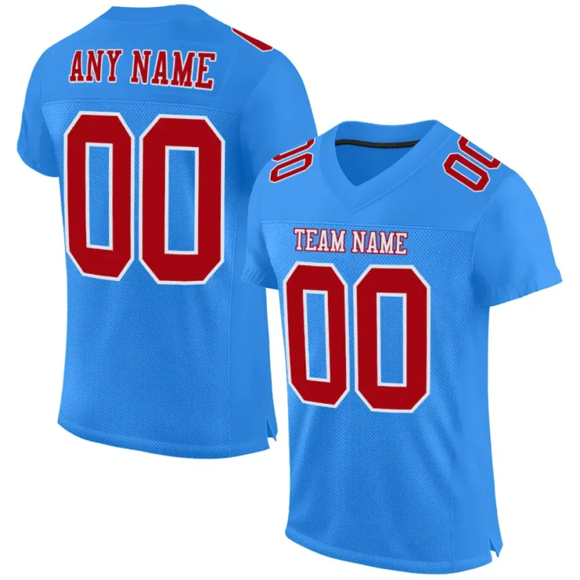 Custom Powder Blue Mesh Football Jersey with Red White 3