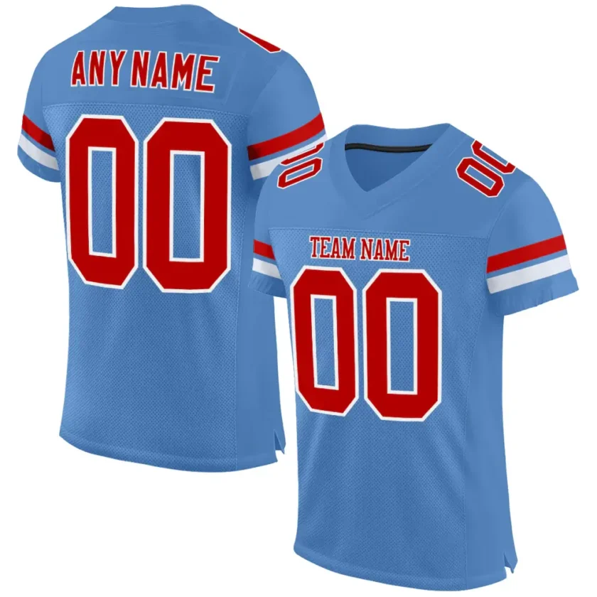 Custom Powder Blue Mesh Football Jersey with Red White 4