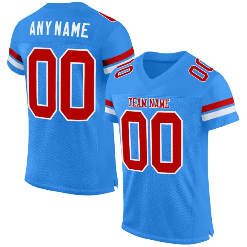 Custom Powder Blue Mesh Football Jersey with Red White