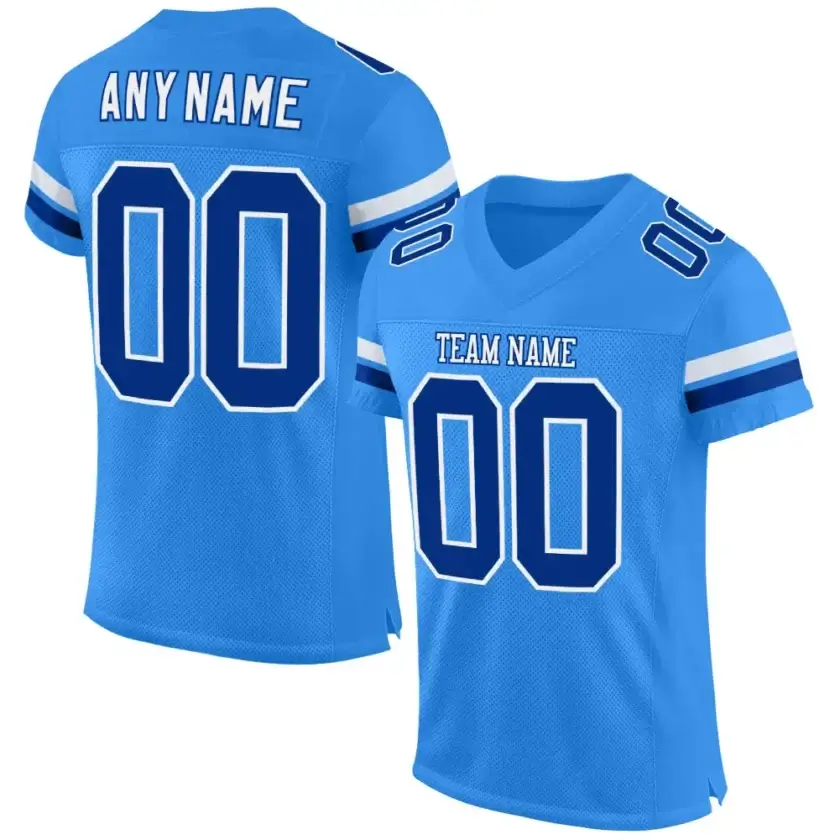 Custom Powder Blue Mesh Football Jersey with Royal-White